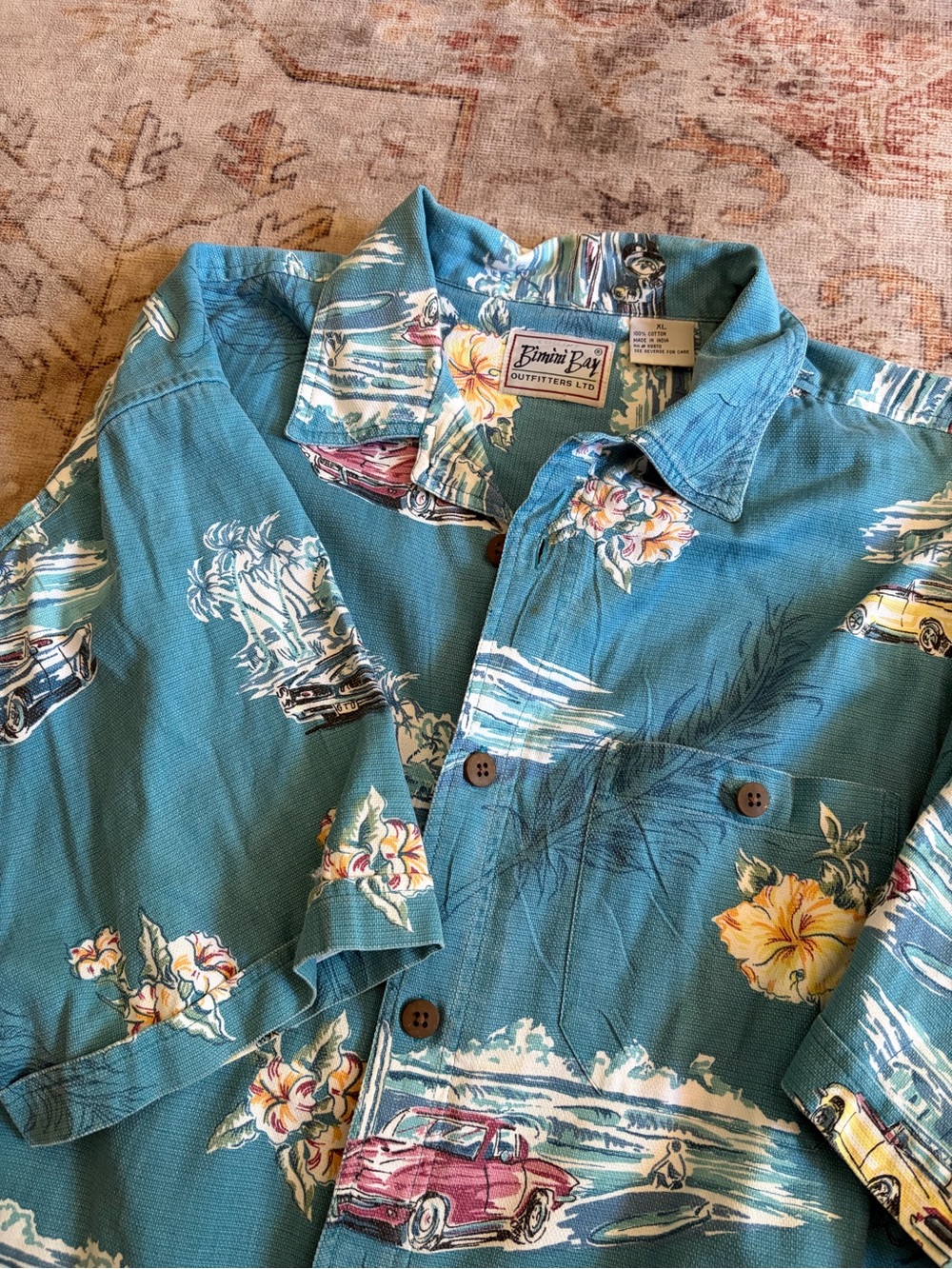 Vintage Bimini Bay Teal Floral Hawaiian Camp Shirt